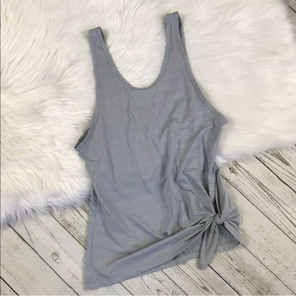 Athleta Side Tie Tank Top Grey White Print V Back - Picture 6 of 8